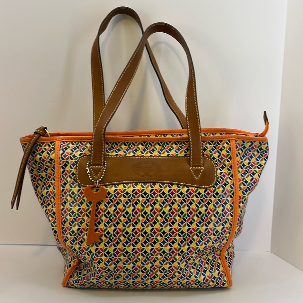 Fossil Colorful Geometric Print Tote Bag Purse Ha… - image 1